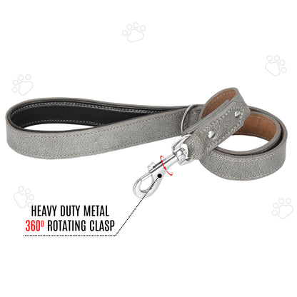 Riparo Heavy Duty Leather Dog Leash with Padded Handle, 3FT Long Dog Lead, 1.25IN Wide Dog Training Walking Leashes for Medium Large Dogs - Grey